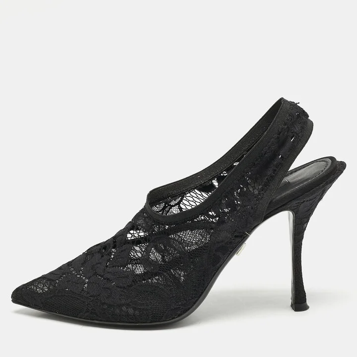 Dolce & Gabbana Black Lace Pointed Toe Slingback Pumps Size 38