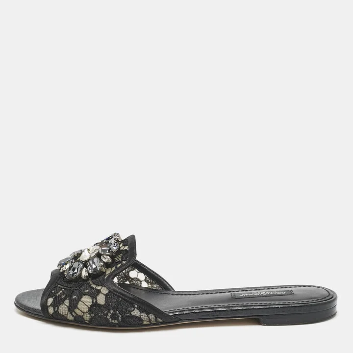 Dolce & Gabbana Black Lace Sofia Crystals Slide Flats Size 37
