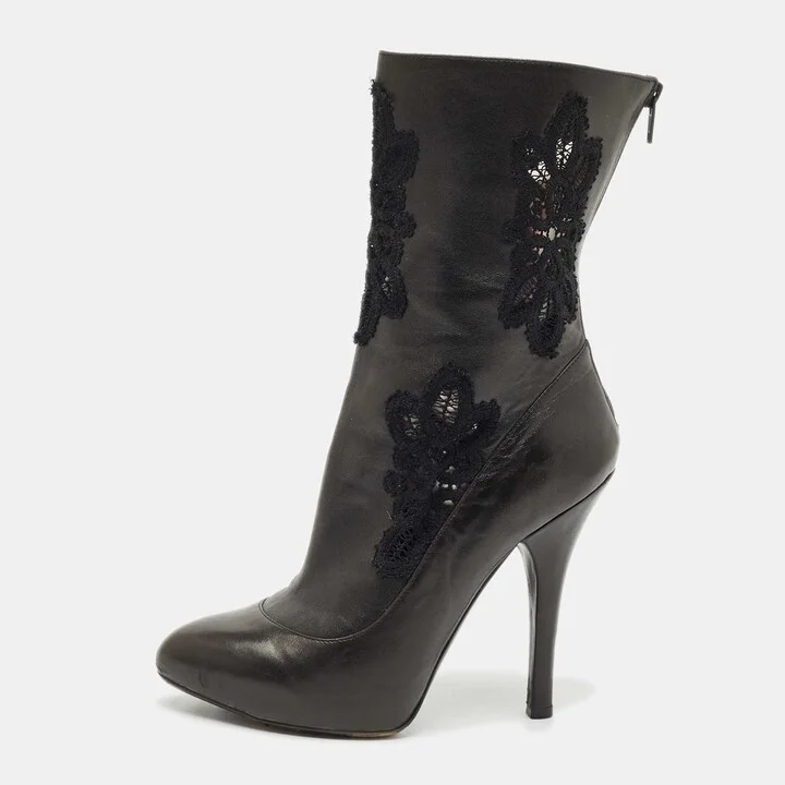 Dolce & Gabbana Black Leather and Lace Mid Calf Boots Size 37
