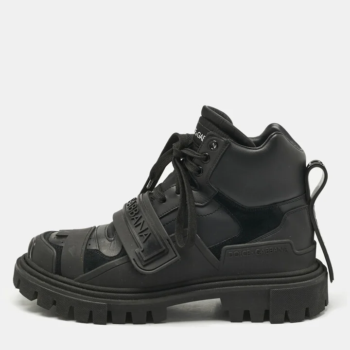 Dolce & Gabbana Black Leather and Rubber Logo Strappy Trekking Boots Size 40