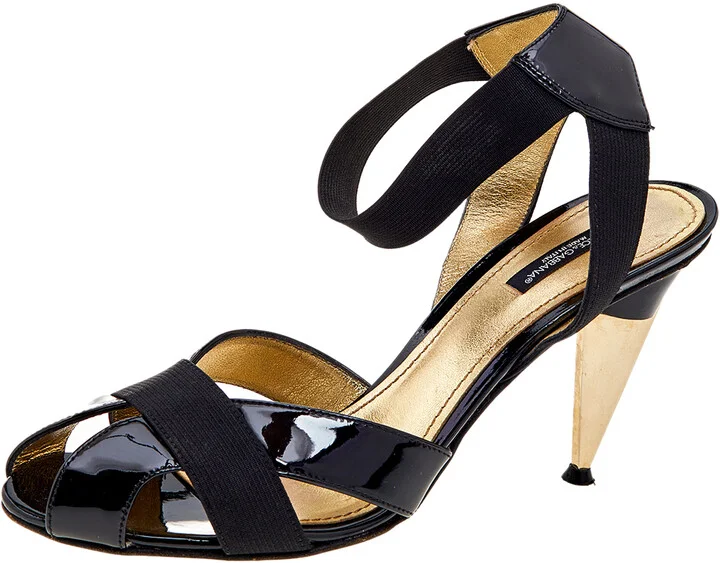 Dolce & Gabbana Black Leather And Stretch Band Ankle Cuff Sandals Size 40