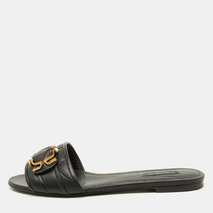 Dolce & Gabbana Black Leather Devotion Buckle Flat Slide Sandals Size 39