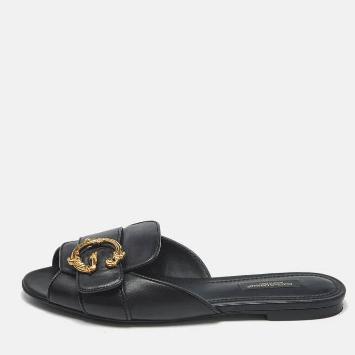Dolce & Gabbana Black Leather Devotion Flat Slides Size 36.5