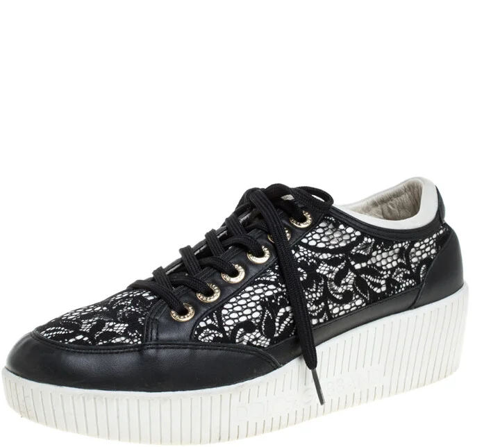 Dolce & Gabbana Black Leather/Lace and Fabric Wedge Sneakers Size 38.5