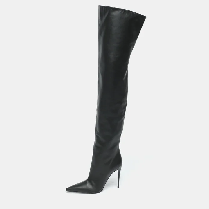 Dolce & Gabbana Black Leather Over Knee Boots with Garter Belt Size 39