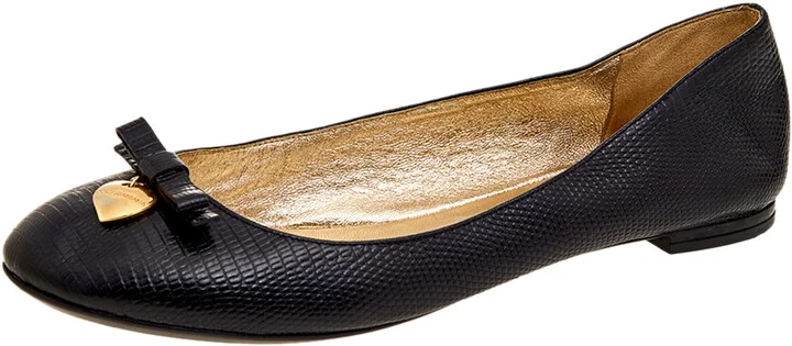 Dolce & Gabbana Black Lizard Embossed Leather Bow Detail Ballet Flats Size 37.5