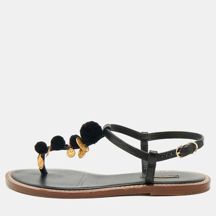 Dolce & Gabbana Black Lizard Embossed Leather Embellished Thong Flats Size 38.5