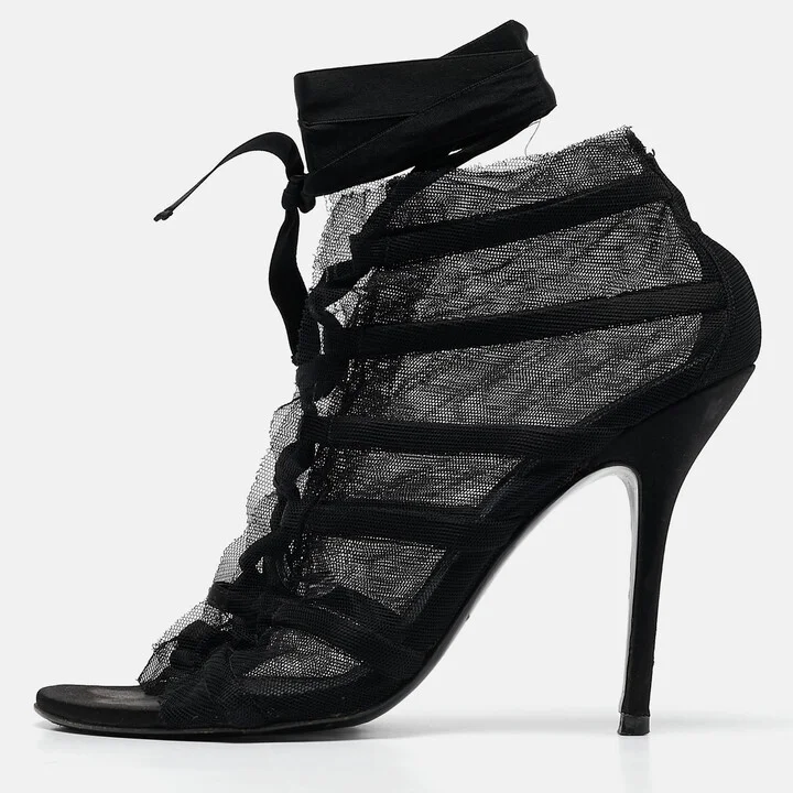 Dolce & Gabbana Black Mesh and Satin Lace Up Peep Toe Booties Size 40