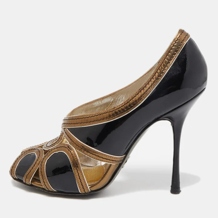 Dolce & Gabbana Black/Metallic Patent and Leather Cut Out Peep Toe Pumps Size 36.5