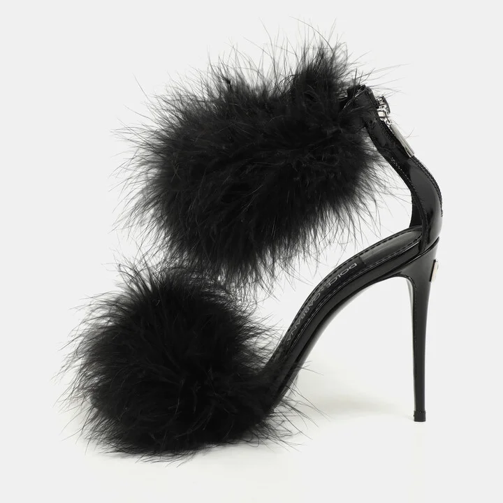 Dolce & Gabbana Black Patent Leather and Turkey Feather Ankle Strap Sandals Size 36