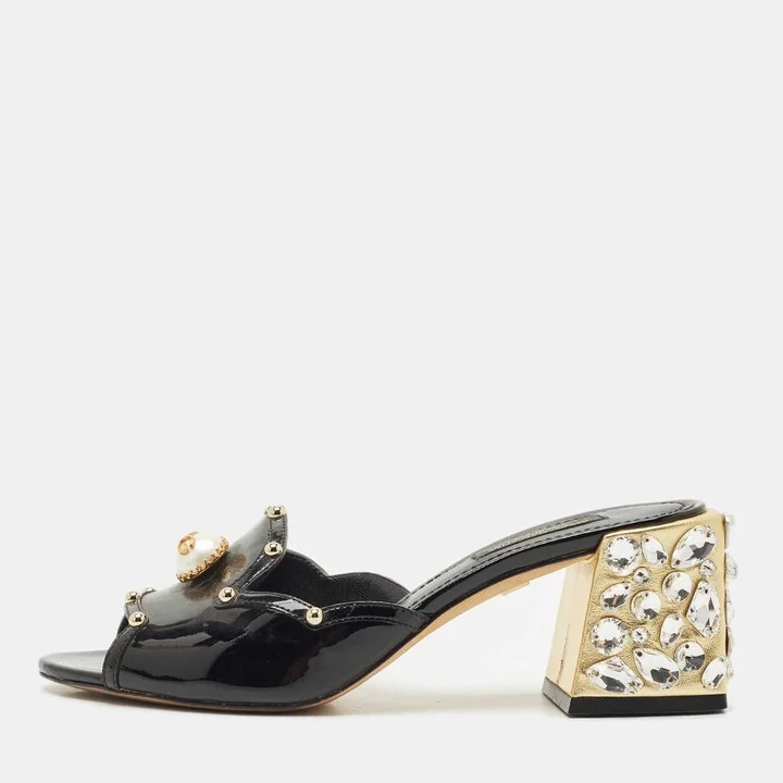 Dolce & Gabbana Black Patent Leather Crystal Embellished Slide Sandals Size 36.5