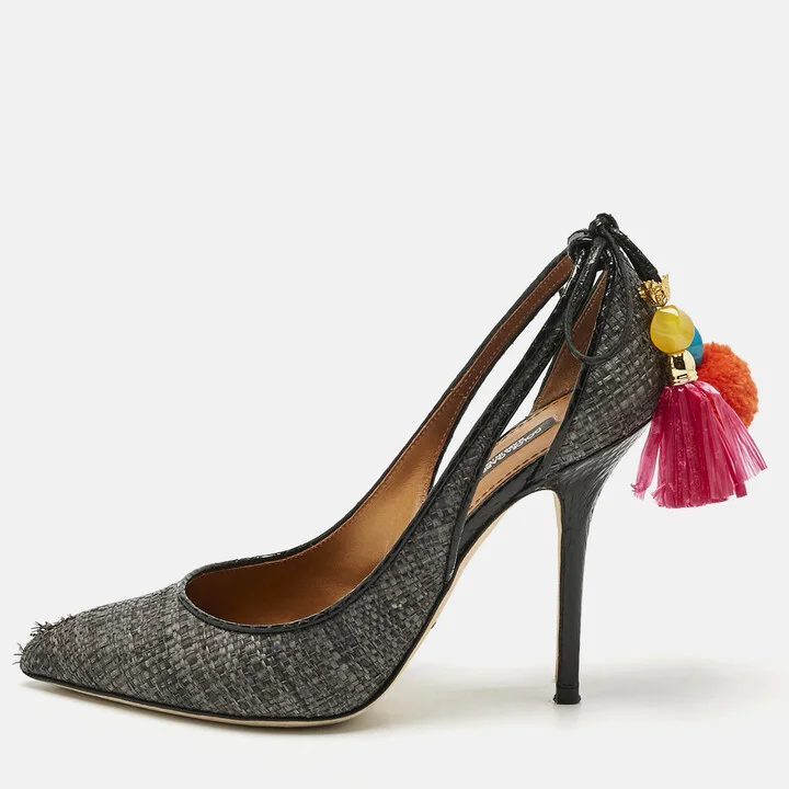 Dolce & Gabbana Black Raffia Pom Pom Detail Tie Up Pumps Size 37