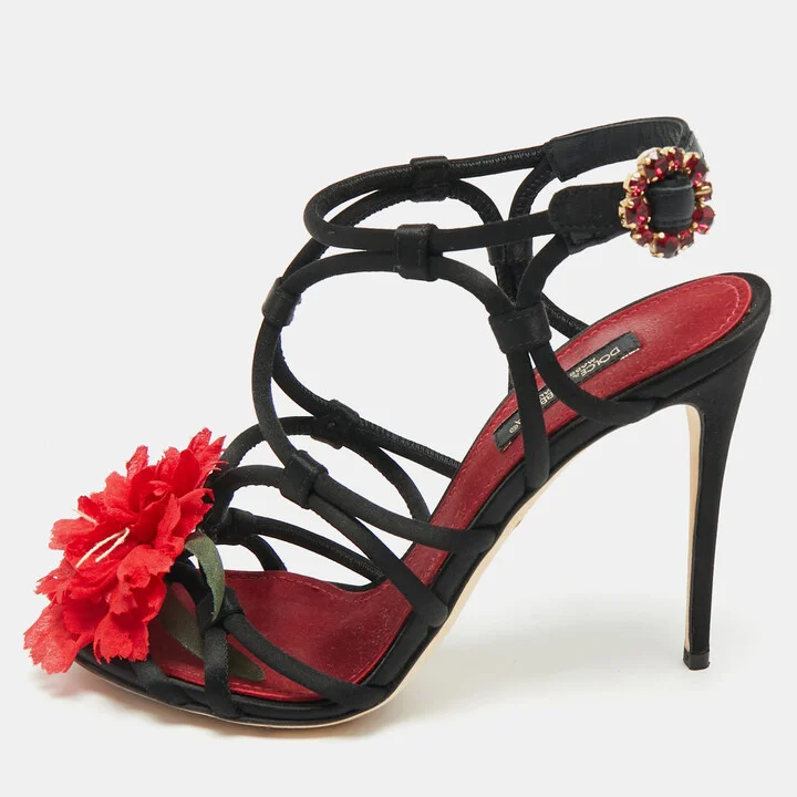 Dolce & Gabbana Black/Red Satin Ankle Strap Sandals Size 36