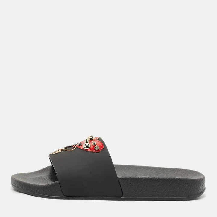 Dolce & Gabbana Black Rubber and Leather Patch Pool Slides Size 37