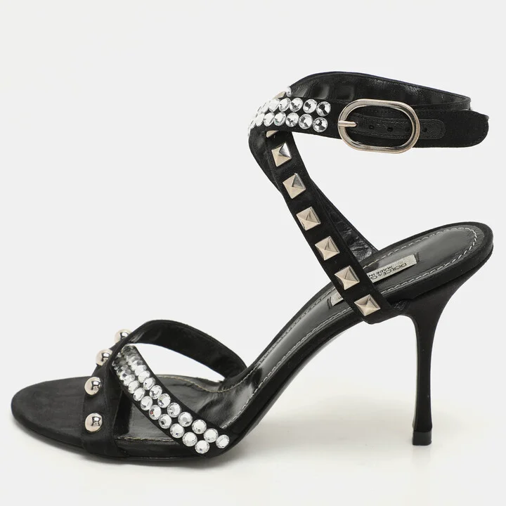 Dolce & Gabbana Black Satin Crystal and Studs Embellished Ankle Strap Sandals Size 40