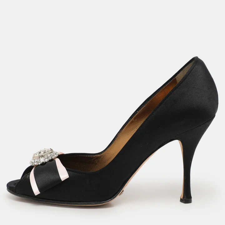 Dolce & Gabbana Black Satin Crystal Bow Embellished Pumps Size 36