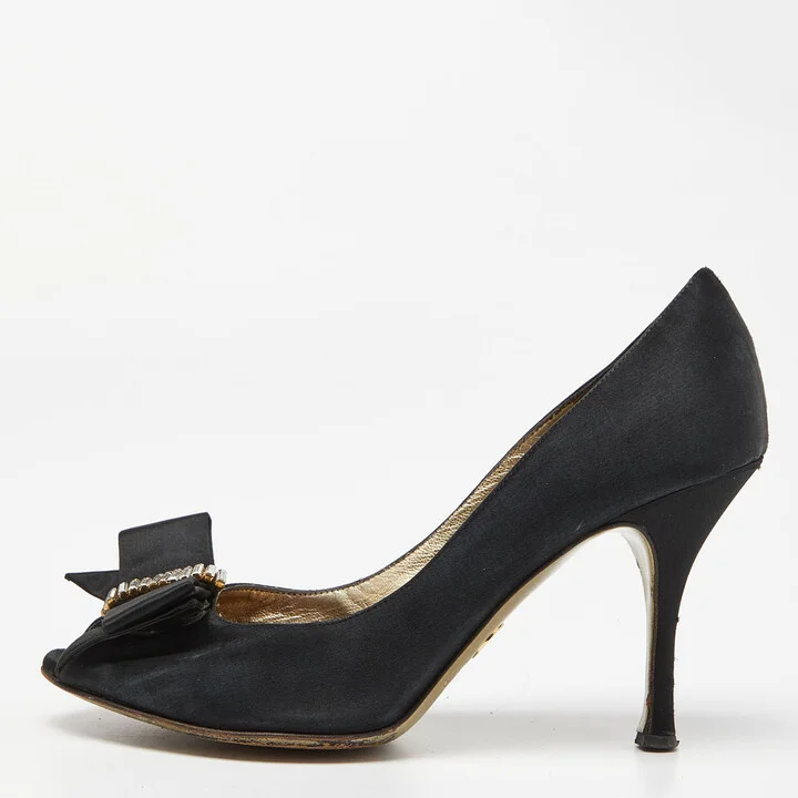 Dolce & Gabbana Black Satin Crystal Embellished Peep Toe Pumps Size 37.5