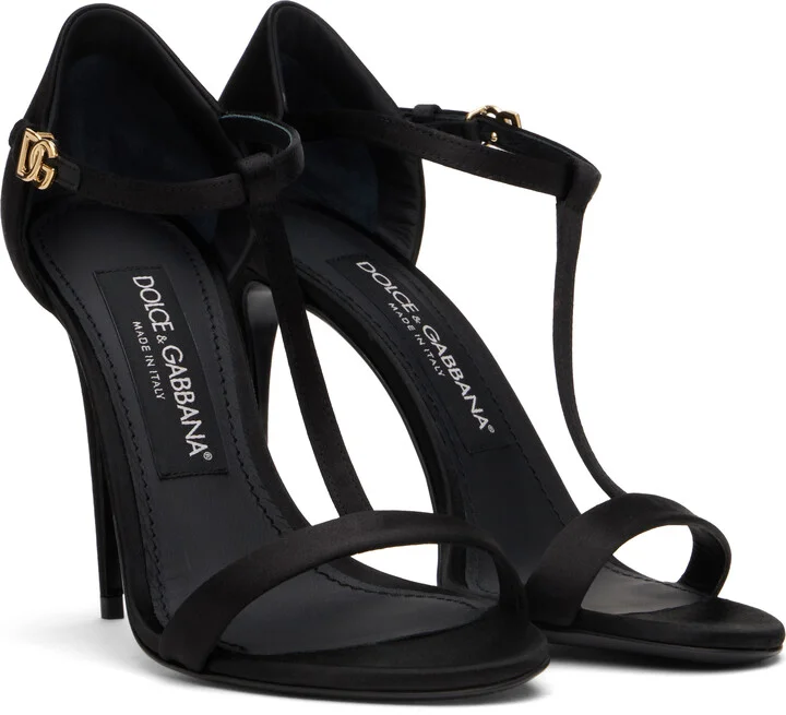 Dolce&Gabbana Black Satin T-Bar Heeled Sandals - Image 4