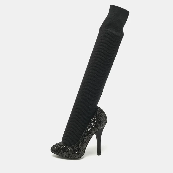 Dolce & Gabbana Black Sequin Platform Sock High Pumps Size 35