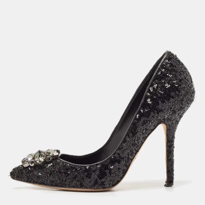 Dolce & Gabbana Black Sequins Crystal Embellished Bellucci Pumps Size 38
