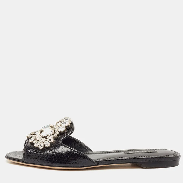 Dolce & Gabbana Black Snakeskin Bianca Crystals Slide Flats Size 37.5
