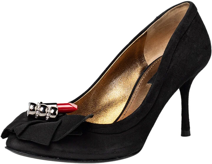 Dolce & Gabbana Black Suede And Fabric Embellished Bow Pumps Size 36