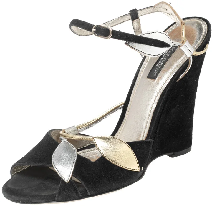Dolce & Gabbana Black Suede and Metallic Leaf Applique Leather Wedge Sandals Size 39