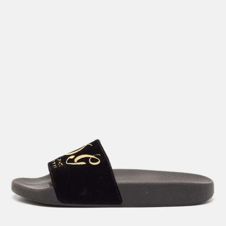 Dolce & Gabbana Black Velvet DG Embroidered Flat Pool Slides Size 37