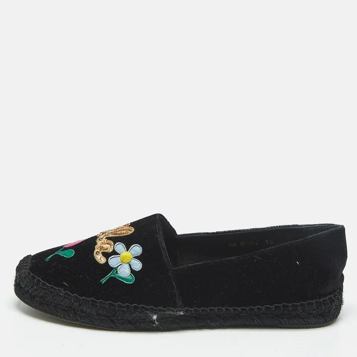 Dolce & Gabbana Black Velvet Embellished Espadrille Flats Size 38