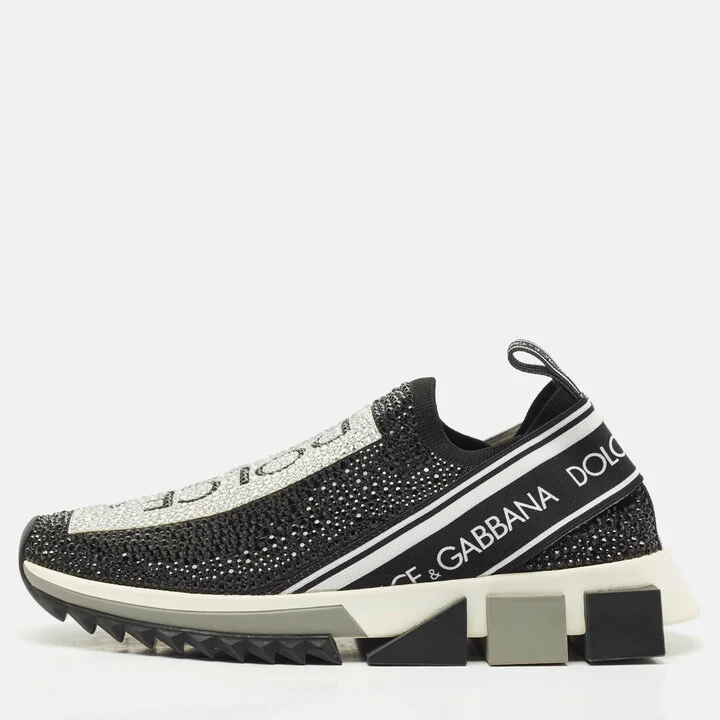 Dolce & Gabbana Black/White Knit Fabric Crystal Embellished Sorrento Slip On Sneakers Size 38.5