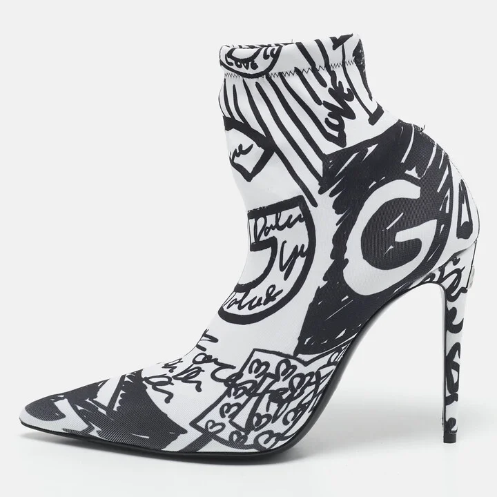 Dolce & Gabbana Black/White Knit Fabric Graffiti Sock Boots Size 36