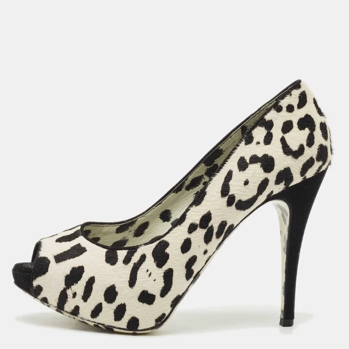 Dolce & Gabbana Black/White Leopard Print Calfhair Peep Toe Pumps Size 39