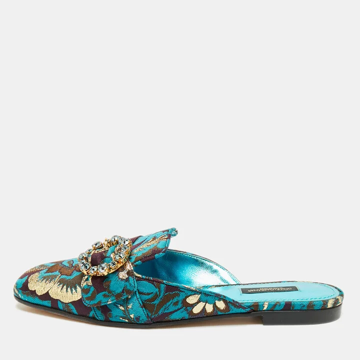 Dolce & Gabbana Blue/Brown Brocade Fabric Crystal Embellished Flat Mules Size 38