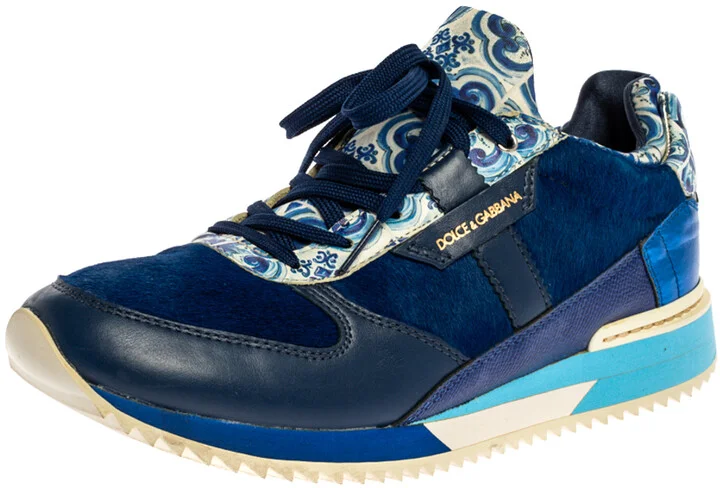 Dolce & Gabbana Blue/White Majolica Print Leather And Pony Hair Platform Sneakers Size 38.5