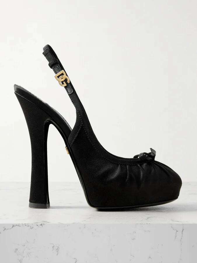 Dolce & Gabbana - Bow-embellished Grosgrain-trimmed Satin Slingback Pumps - Black