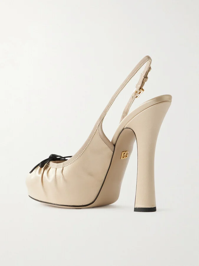 Dolce & Gabbana - Bow-embellished Grosgrain-trimmed Satin Slingback Pumps - Cream - Image 3