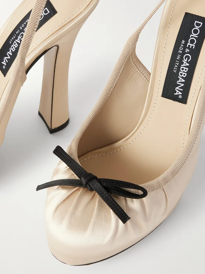 Dolce & Gabbana - Bow-embellished Grosgrain-trimmed Satin Slingback Pumps - Cream - Image 4