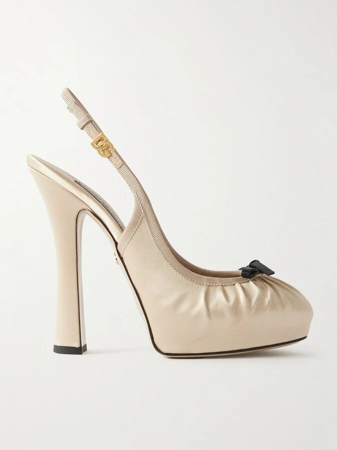 Dolce & Gabbana - Bow-embellished Grosgrain-trimmed Satin Slingback Pumps - Cream