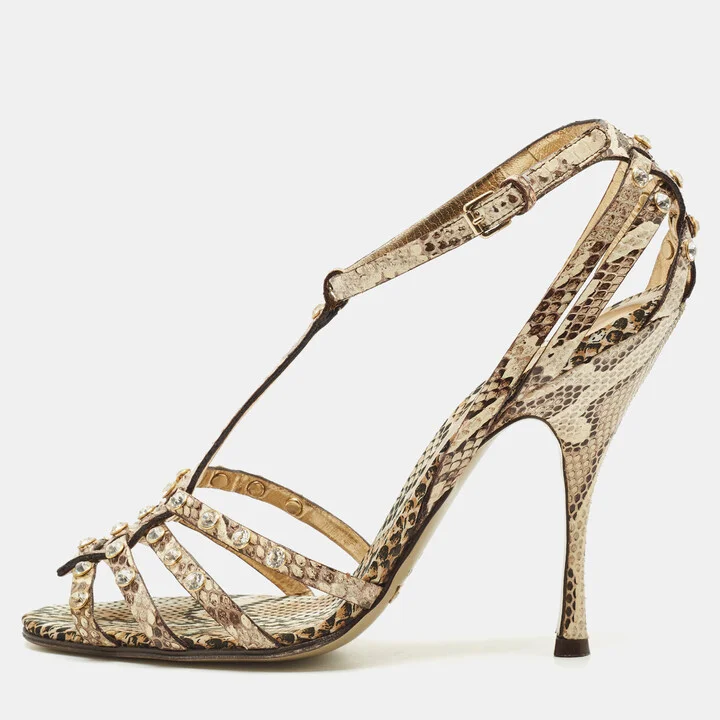 Dolce & Gabbana Brown/Beige Python Crystal Embellished T-Strap Sandals Size 38