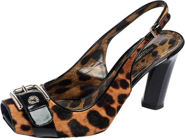 Dolce & Gabbana Brown/Black Leopard Calf Hair and Patent Leather Buckle Slingback Pumps Size 37.5