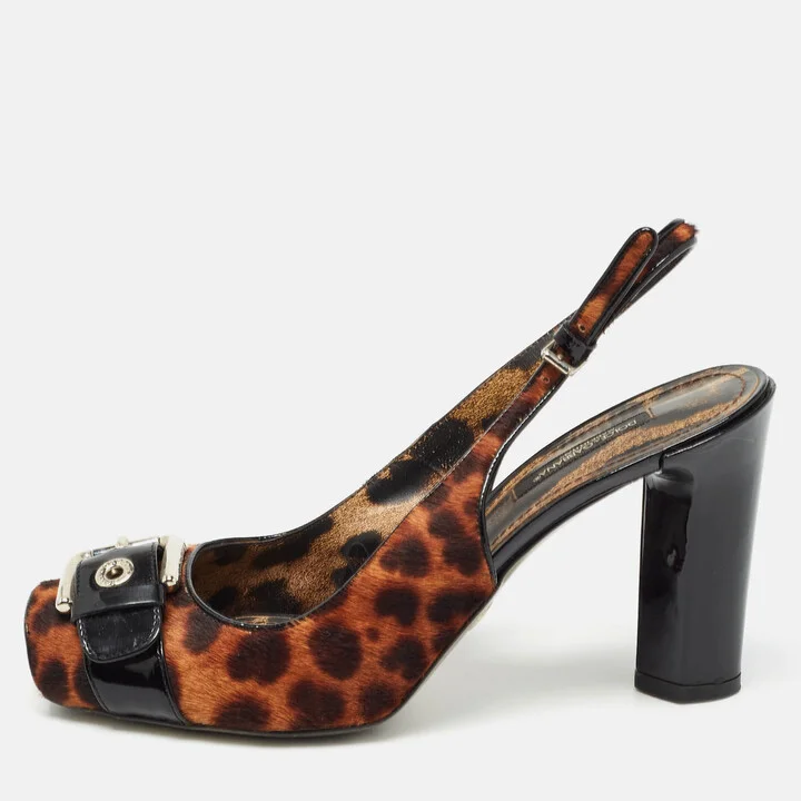 Dolce & Gabbana Brown/Black Leopard Calf Hair and Patent Open Toe Slingback Pumps Size 37