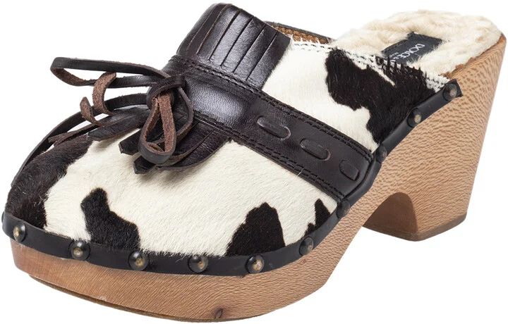 Dolce & Gabbana Brown Calf Hair And Leather Bow Fringe Detail Wooden Clogs Size 39