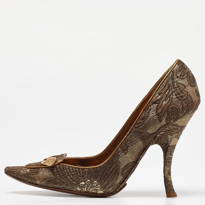 Dolce & Gabbana Brown/Gold Brocade Fabric Pointed Toe Pumps Size 39.5