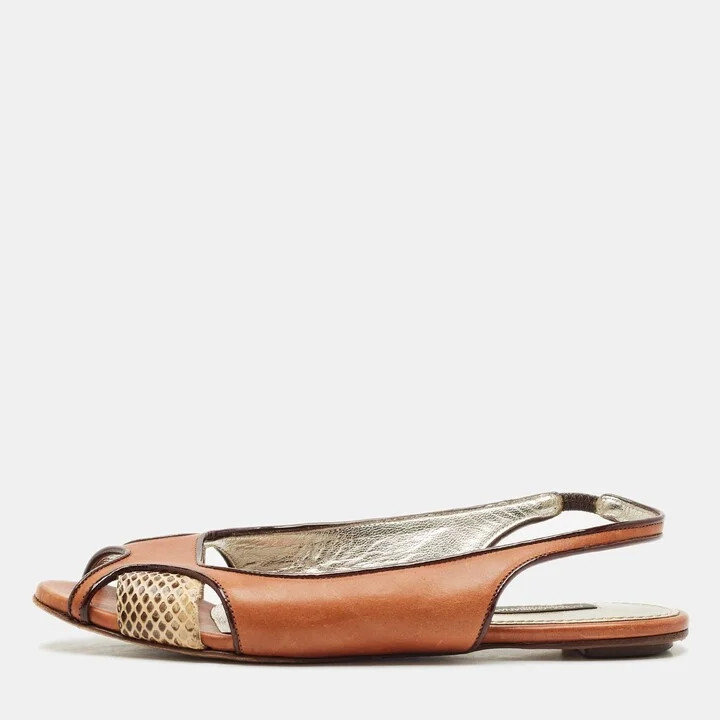 Dolce & Gabbana Brown Leather and Snakeskin Leather Flat Sandals Size 37