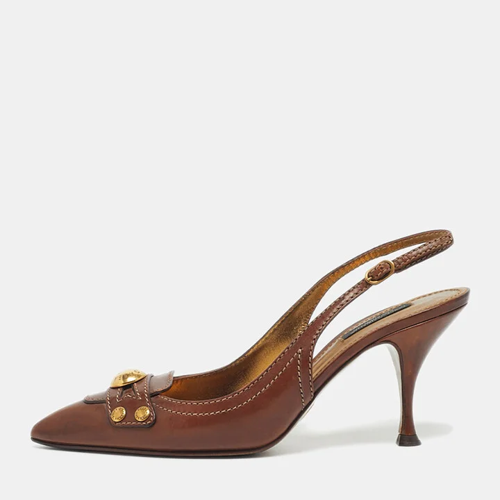 Dolce & Gabbana Brown Leather Logo Pointed Toe Slingback Pumps Size 38