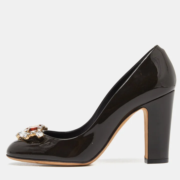 Dolce & Gabbana Brown Patent Leather Crystal Embellished Block Heel Pumps Size 37