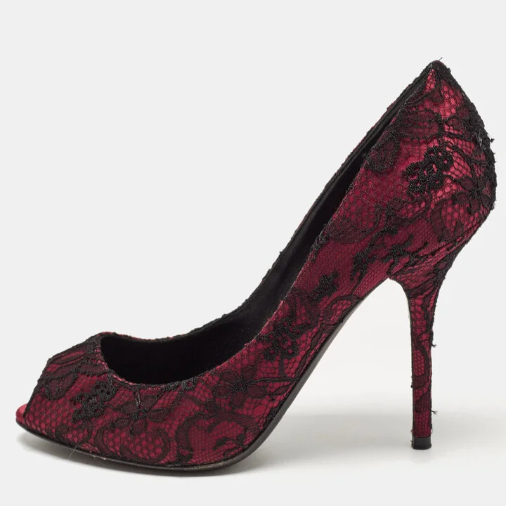 Dolce & Gabbana Burgundy/Black Lace and Mesh Peep Toe Pumps Size 38