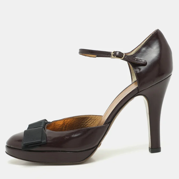 Dolce & Gabbana Burgundy/Black Leather Bow D'orsay Ankle Strap Pumps Size 38.5