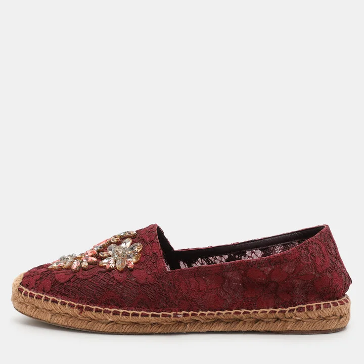Dolce & Gabbana Burgundy Lace Embellished Espadrille Flats Size 40