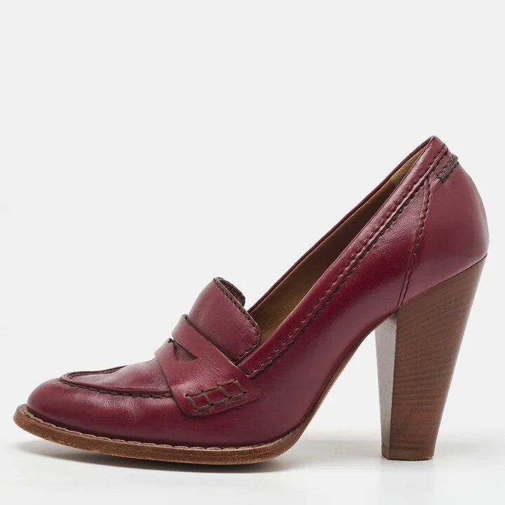 Dolce & Gabbana Burgundy Leather Block Heel Loafer Pumps Size 40